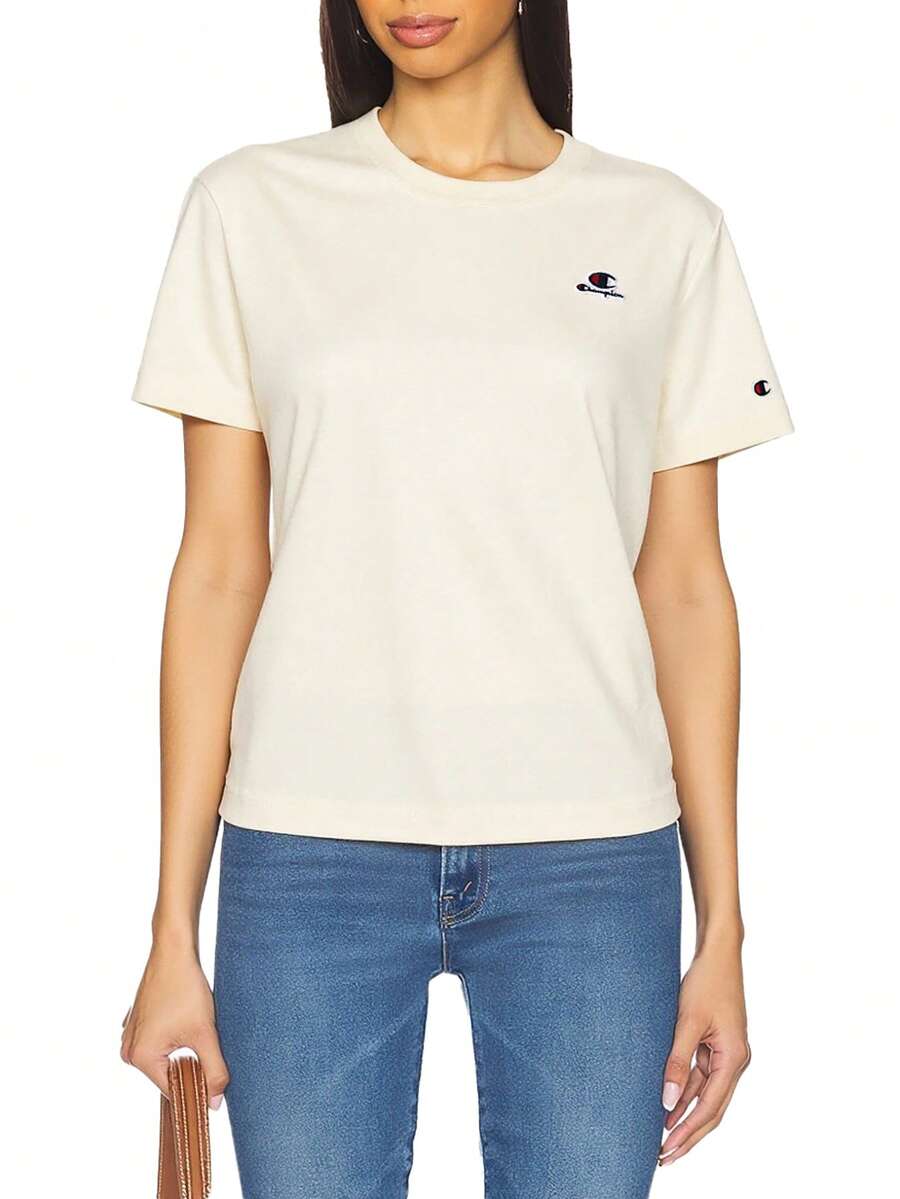 Champion Áo thun tay ngắn cổ tròn thả vai thường ngày cho nữ, mùa hè - Màu be - Xem 1
