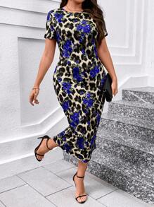 SHEIN Clasi Plus Size Elegant Leopard Rose Print Valentine's Day Dress,Summer Outfits For Women