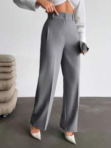 EURMUSE Women Pocket Detailed Long High Waist Elegant Woven Pants - Grey - View 4