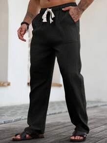 VENTUSAIL Men's Drawstring Waist Casual Pure Cotton Patch Pocket Loose Pants Men Pants Casual Linen Men Pants Men Summer Pants Men Loose Pants. Men Drawstring Waist Straight Leg Pants, Plain Vacation Slacks Pants, For Daddy & Husband, Boyfriend Gifts, Fall - Black - View 3