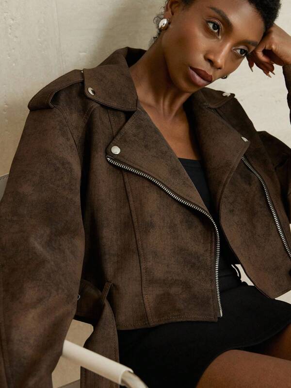 Aveloria Modichic Neue hochwertige minimalistische Vintage-Motorrad-Stil Reißverschluss-Kragen Lässig Jacke für Damen