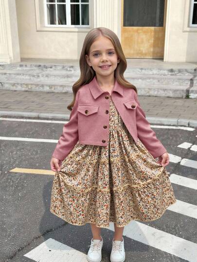 SHEIN 两件套女童纯色短外套和碎花背带裙套装 女童碎花连衣裙和外套套装 女童秋季两件套连衣裙套装 长袖连衣裙和外套 女童春季套装 女童两件套连衣裙和外套套装 碎花连衣裙配外套 女童春季连衣裙配外套 冬季