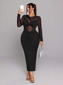 SHEIN LUNE Damen Große Größen Langarm Rundhals Mesh Applikation Sexy figurbetontes Partykleid