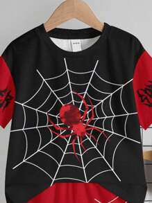 SHEIN 2 件套男童休闲简约卡通蜘蛛印花圆领短袖上衣和短裤套装，适合夏季 - 彩色 - 查看 5