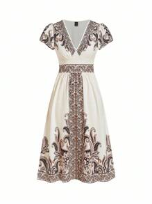 Ellevyn 女士优雅 V 领收腰修身喇叭中长连衣裙，花卉印花，秋季时尚新品，适合日常通勤和多种场合 - 彩色 - 查看 6