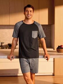 Manfinity Underwear&Sleepwear Basics Men Colourblock Raglan Sleeve Tee & Shorts PJ Set - Multicolor - View 5
