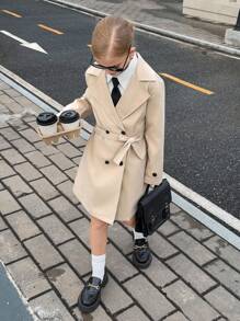 女生时尚宽松系带双排扣长款风衣，适合秋季通勤或日常穿着 - 卡其色 - 查看 8