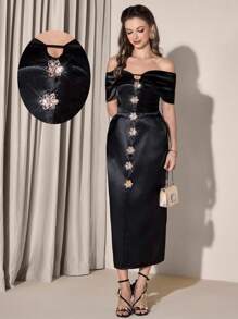 Poshira Women's Elegant Metal Decor Off Shoulder Midi Dress, Party Attire Black Midi Dress Satin Midi Dress Corset Midi Dress Off The Shoulder Midi Dress Black Satin Dress,Women Stylish Casual Fall Autumn Outfits, Cute Vintage Modest Women Outfits, Back To School School Outfits, Back To School Dresses, Women Teacher Outfits - Black - View 2