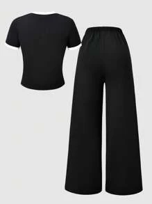 SHEIN Streecool Kids Streecool Teen Girl Casual School Style 2 Pieces Set, Autumn Colorblock Patchwork Print T-Shirt Paired With Contrast Stripe Sports Pants Suit, Suitable For Daily, Commute, Leisure, Vacation, Sisters Street Snap Summer Holiday, Concert Outfit