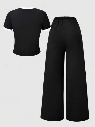 SHEIN Explorewe Streecool 少女休闲学院风两件套，秋季拼色拼布印花 T 恤搭配撞色条纹运动裤套装，适合日常、通勤、休闲、度假、姐妹街拍夏日度假、演唱会装