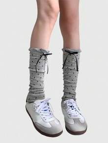 ROMWE Kawaii 1 đôi tất giữ ấm chân màu xám chấm bi, kiểu dáng sinh viên với nơ ren, thích hợp mặc hàng ngày hoặc hẹn hò. - Nhiều màu - Xem 2