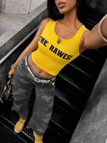 SHEIN Áo crop top ôm vừa vặn mùa hè in chữ và cổ khoét hở dành cho nữ - Màu vàng - Xem 3