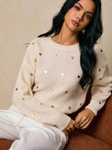 Poéselle Women's Heart Pattern Crew Neck Casual Versatile Long Sleeve Pullover Sweater, Women Sweaters, Heart Sweater, Gold Heart Sweater In Fall/Winter - Apricot - View 5