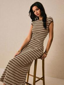 Poéselle Women's Casual Striped Round Neck Dress, Summer - Brown - View 6
