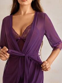 Charlaine Patchwork Lace Sexy Lingerie Set - Purple - View 3