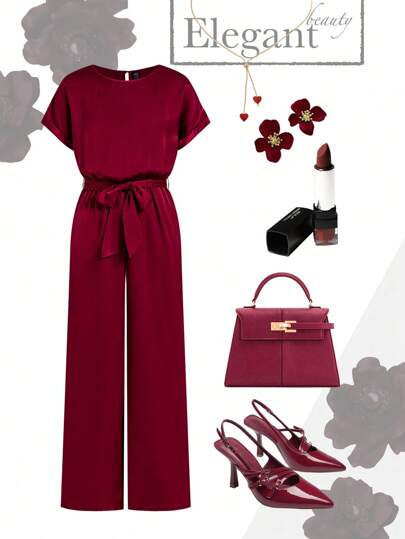Ellevyn Elegancki damski bordowy satynowy kombinezon z okrągłym dekoltem i wiązaniem w talii, szerokimi nogawkami, uniwersalny na okazje, jesienne ubrania damskie, stroje wakacyjne