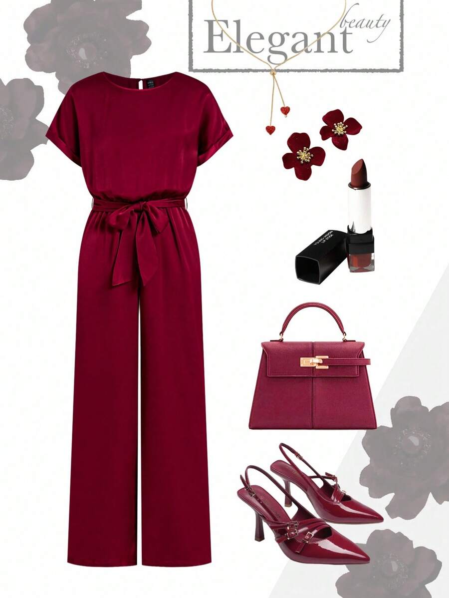 Ellevyn Elegancki damski bordowy satynowy kombinezon z okrągłym dekoltem i wiązaniem w talii, szerokimi nogawkami, uniwersalny na okazje, jesienne ubrania damskie, stroje wakacyjne