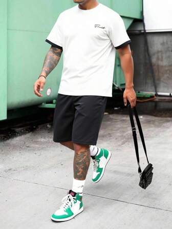 RueChic Herren Set mit Zugbandtaille, Tasche und Buchstabenmuster bestehend aus Kurzarm T-Shirt und Shorts