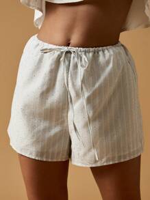 MISSGUIDED Diamond Studded Striped Loose Lounge Shorts Elastic Waist Tie Front Beachwear Summer Bohemian Vacation Drawstring Resort Wear Comfortable Casual Bottoms - Blue and White - View 6