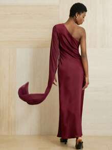 Aveloria Modichic 1pc Elegant Satin Dress With Thigh-High Slit, Long Sleeve Evening Gown Fall Cloth For Women - Red Violet - View 2