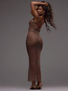 Musera Resort 细肩带露背纹理透视针织修身长裙罩衫沙滩泳装度假夏季假日可爱性感波西米亚风 - 棕色 - 查看 2