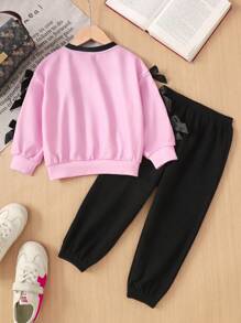 SHEIN Young Girl Loose Casual Minimalist Comfortable Crew Neck Long Sleeve Sweatshirt And Drawstring Pants Set - Pink - View 3