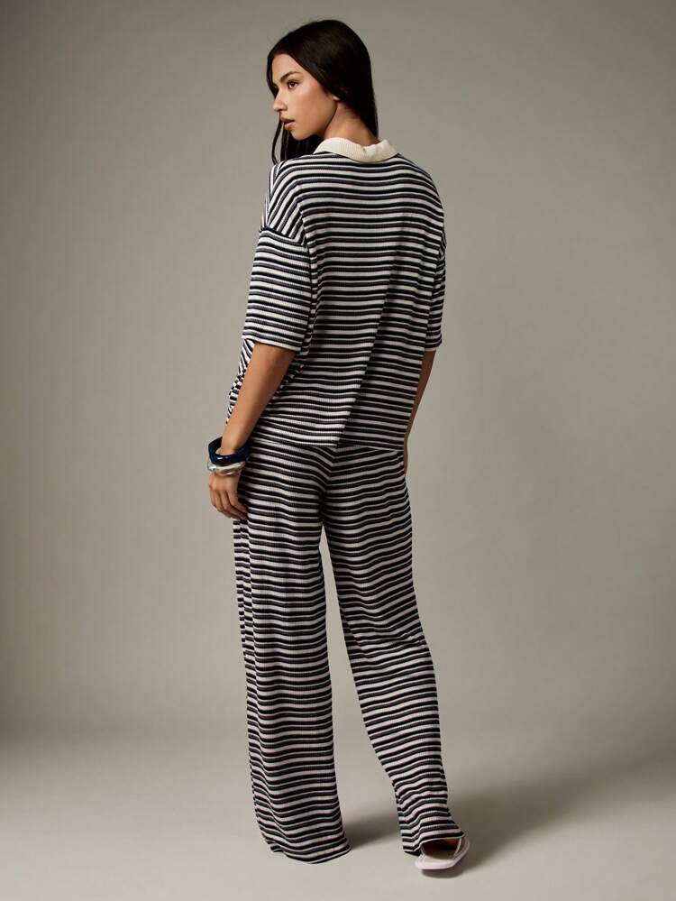 MISSGUIDED Leisure Striped Rugby Polo Top And Wide Leg Pants Loungewear Set Fall Winter Ribbed Matching Cozy Outfit Autumn Casual Streetwear Coordinate