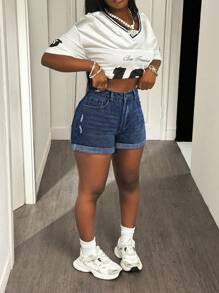 Slaydiva 女士夏季休闲街头破洞卷边牛仔短裤 - 深色水洗藍 - 查看 3