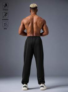 Manfinity Sport Corelite 男士字母印花弹力腰带抽绳口袋运动慢跑裤，吸汗轻盈舒适，修身剪裁，适合跑步、健身、休闲运动穿着。 - 黑色 - 查看 4