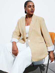 Maija 大码女式条纹长袖拼布翻领西装外套，优雅时尚性感，适合音乐节和日常外出。搭配无袖背心和条纹裤，适合商务通勤、办公室穿着，复古风格，适合女士商务休闲装、教师装、女士工作服、秋冬婚礼宾客礼服。 - 黃色 - 查看 6