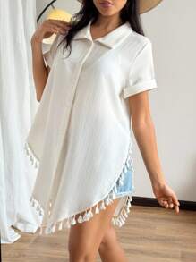 SHEIN Swim Women's Vacation Solid Color Short Sleeve Fringed Hem Romantic Open Front Beach Kimono Coverup For Summer - White - View 5