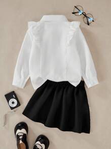 2pcs/Set Girls Kids Sweet Ruffled Collar Long Sleeve Blouse And Bowknot Pleated Skirt Outfit, Suitable For Casual, Commuting, School Style - Black and White - View 2