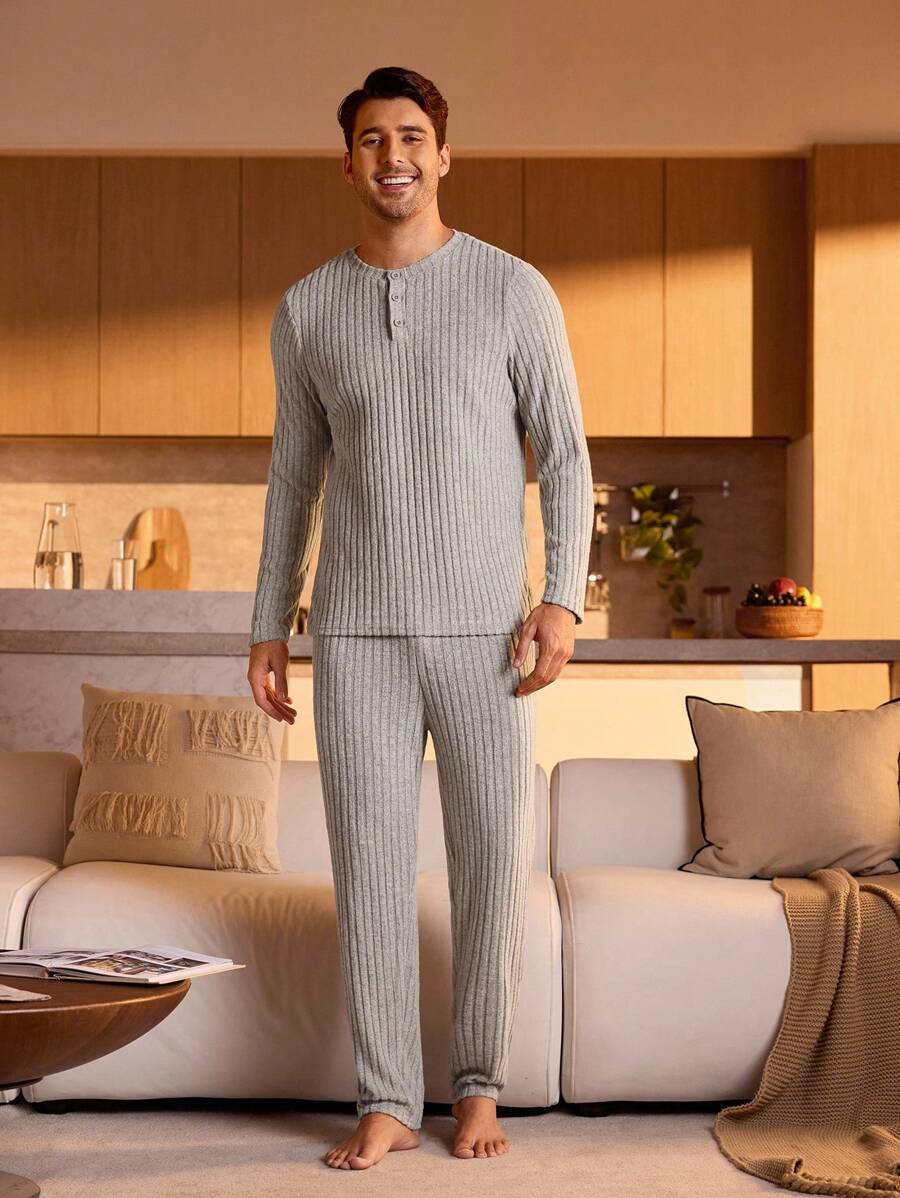 Men Half Button Ribbed Knit Tee & Trousers PJ Set - Grey - View 1