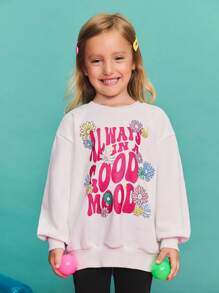SHEIN Back To School Season Young Girl Casual Minimalist Comfortable Round Neck Sweatshirt And Pants Set Kids Sweatshirt Girls Good Mood Sweatshirt Girls - White - View 3