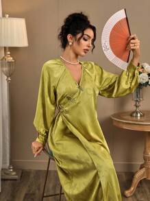 INAWLY Damen elegantes Jacquard-Kleid mit Knopfdesign - Grün - Übersicht 3