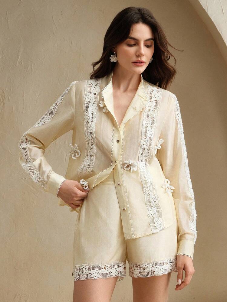 2pcs Women Elegant Commuter Lace Patchwork Bow Decoration Shirt And Shorts Set