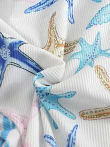 Swim Mod Plus Size Women Starfish Print Halter Neck Bikini Set With Shell Decor Swimsuit For Summer Beach Vacation - Multicolor - View 3