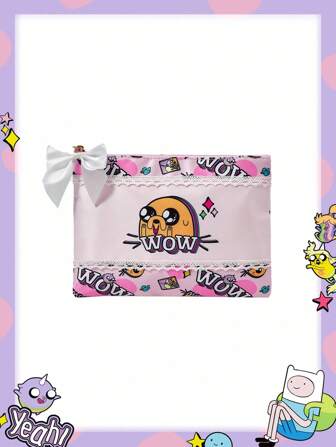 Adventure Time X ROMWE Cartoon Pattern Lace Trim Large Capacity Women's Cosmetic Bag, Portable Pouch