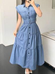 DAZY Women's Summer Turndown Collar Short Sleeve Belted Bowknot Denim Cake Dress, Casual Skater Dress - Medium Wash - View 6