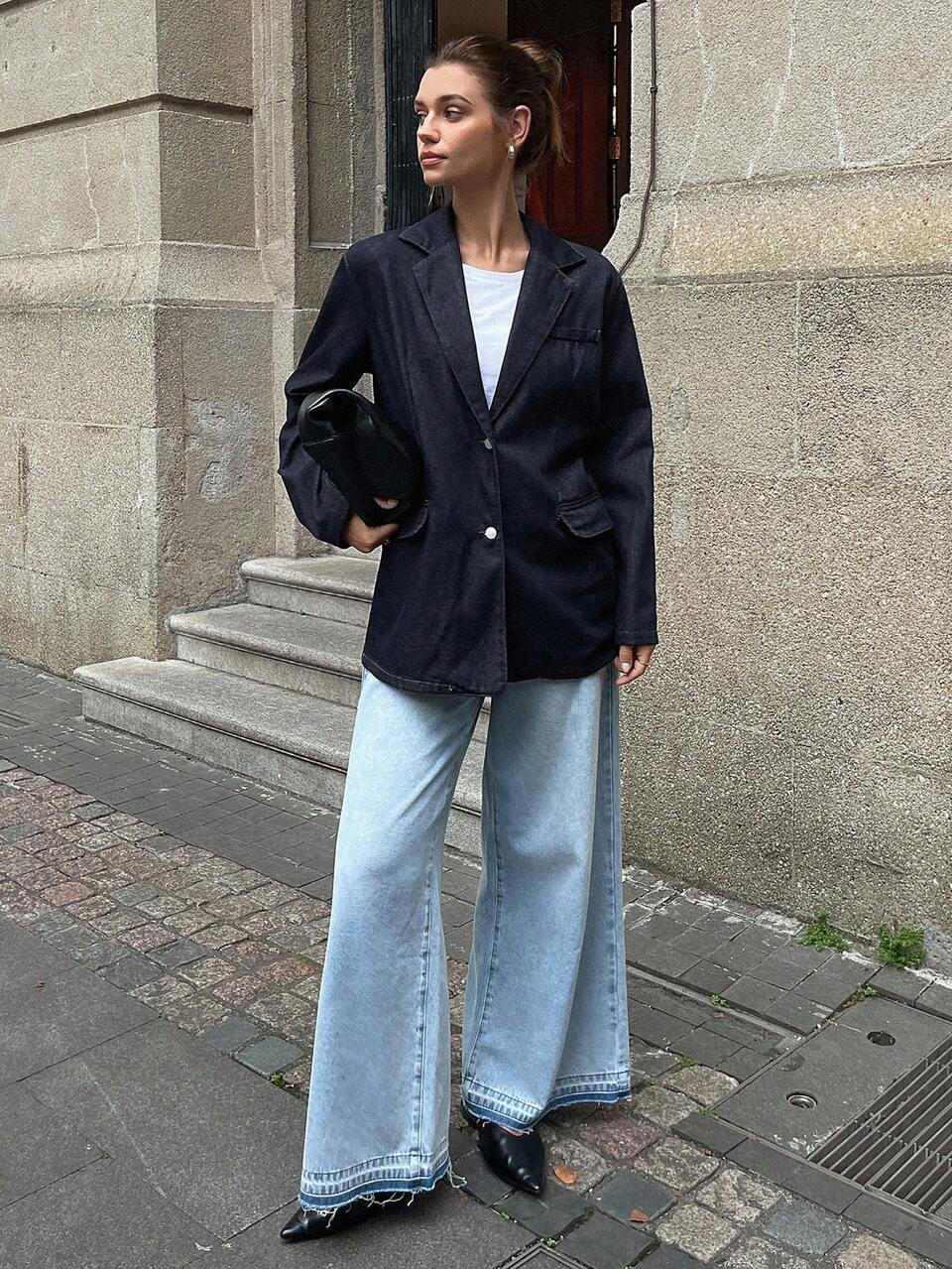 Women Navy Blue Denim Blazer,Autumn Loose Fit Suit Jacket For Office & Casual,Street Style Everyday Long Sleeve Fall Clothes
