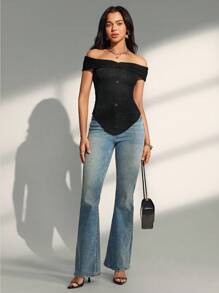 Almamuse 女士休闲纯色性感修身露肩上衣 - 黑色 - 查看 6