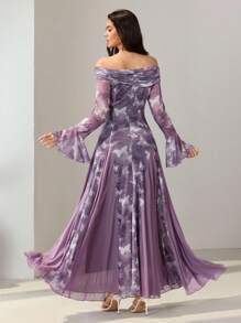 Modelyn Váy midi trễ vai phối lưới nhuộm loang lãng mạn tay loe thanh lịch dành cho nữ, váy bướm tím phong cách Hàn Quốc, váy dạ hội màu hoa oải hương, váy dạ hội màu tử đinh hương, váy trễ vai in họa tiết bướm, trang phục thu đông giản dị thời trang dành cho nữ, trang phục nữ cổ điển giản dị dễ thương, trang phục trở lại trường, váy trở lại trường, trang phục nữ giáo viên - Nhiều màu - Xem 3