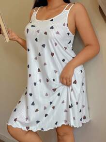 SHEIN 可爱心形罗纹印花休闲柔软亲肤可调节肩带露背吊带背心家居睡裙 - 彩色 - 查看 3
