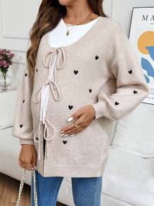 SHEIN Pregnant Women Loose Fit Heart Pattern Drop Shoulder Front Tie Knitted Cardigan,Fall Women Clothes,Fall Outfits Women ,Winter Jacket Women - Khaki - View 6