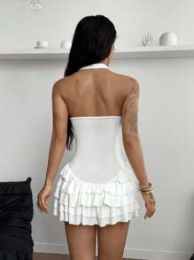 Coolane 女士春季 Y2K 外出日常穿着基本款音乐节针织挂脖荷叶边连衣裙