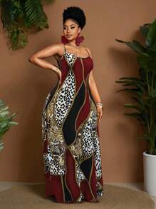 Maweii 春夏豹纹撞色针织弹力面料休闲优雅修身连衣裙，时尚设计，适合日常/海滩/约会穿着，红色加大码长款连衣裙 - 酒紅色 - 查看 3