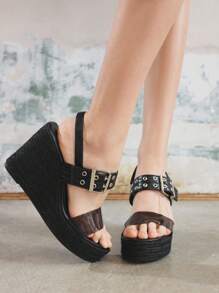 Sugerpunk Women's Platform Wedge Sandals, Round Toe, Black, Straw Woven Rope Sole, Open-Toe, Strap, Rivet Decor, Summer, Vacation Style - Black - View 2