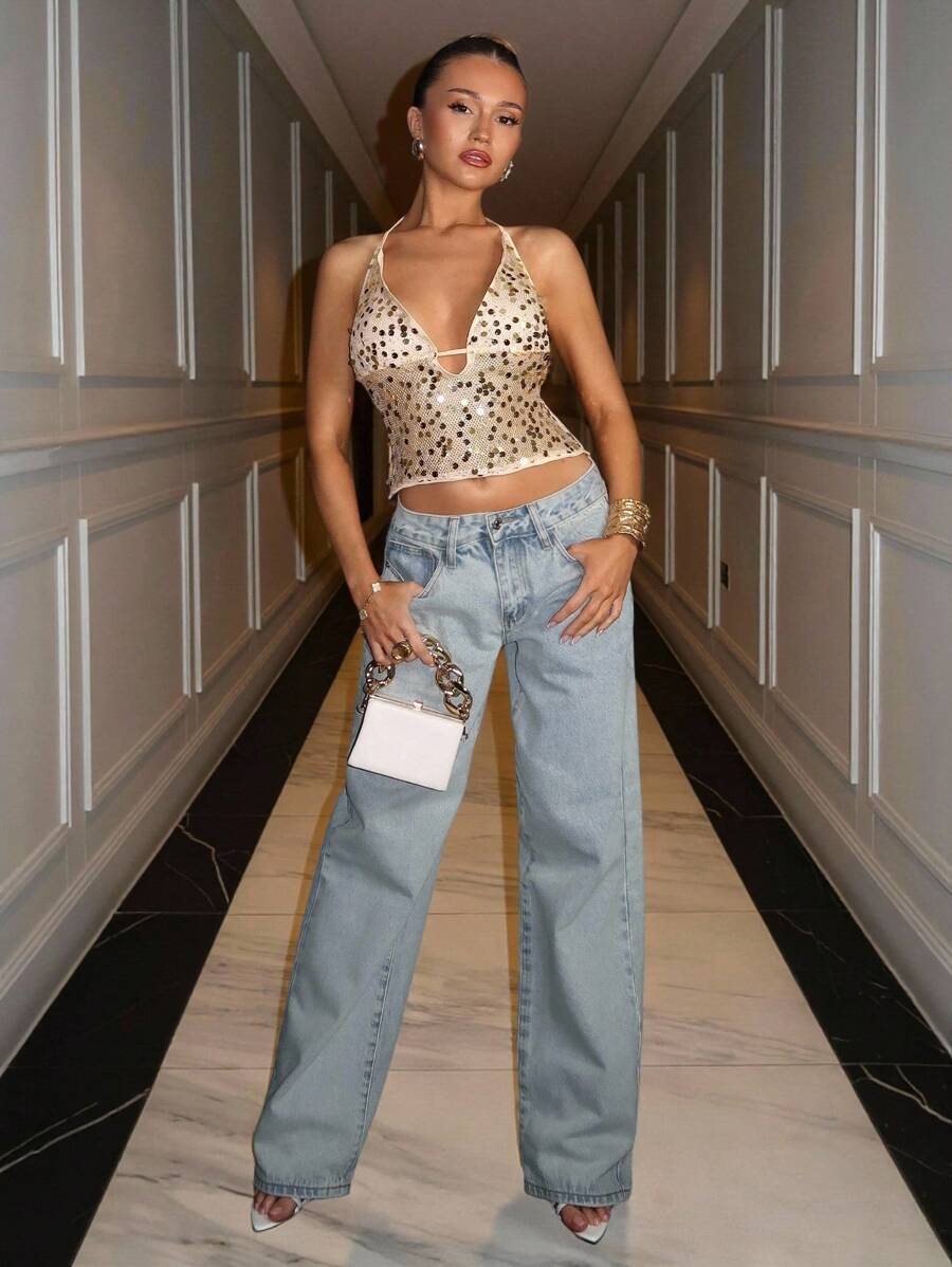 SHEIN BAE Áo crop cami cổ chữ V sâu đính sequin màu trơn cho nữ - Màu be - Xem 1