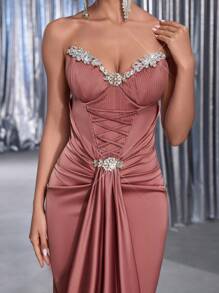 Glamrae 优雅奢华玫瑰棕色缎面手工钻石装饰系带细节鱼尾长裙女式正式晚宴晚礼服 - 棕色 - 查看 4