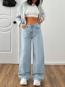 EURMUSE Quần Jeans Ống Rộng Nâng Ngực Cạp Cao Màu Xanh Da Trời Thập Niên 90 - Rửa nhẹ - Xem 4